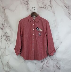 Vintage Disney Shirt Womens Medium Red SS Mickey Mouse Button Up Embroidered